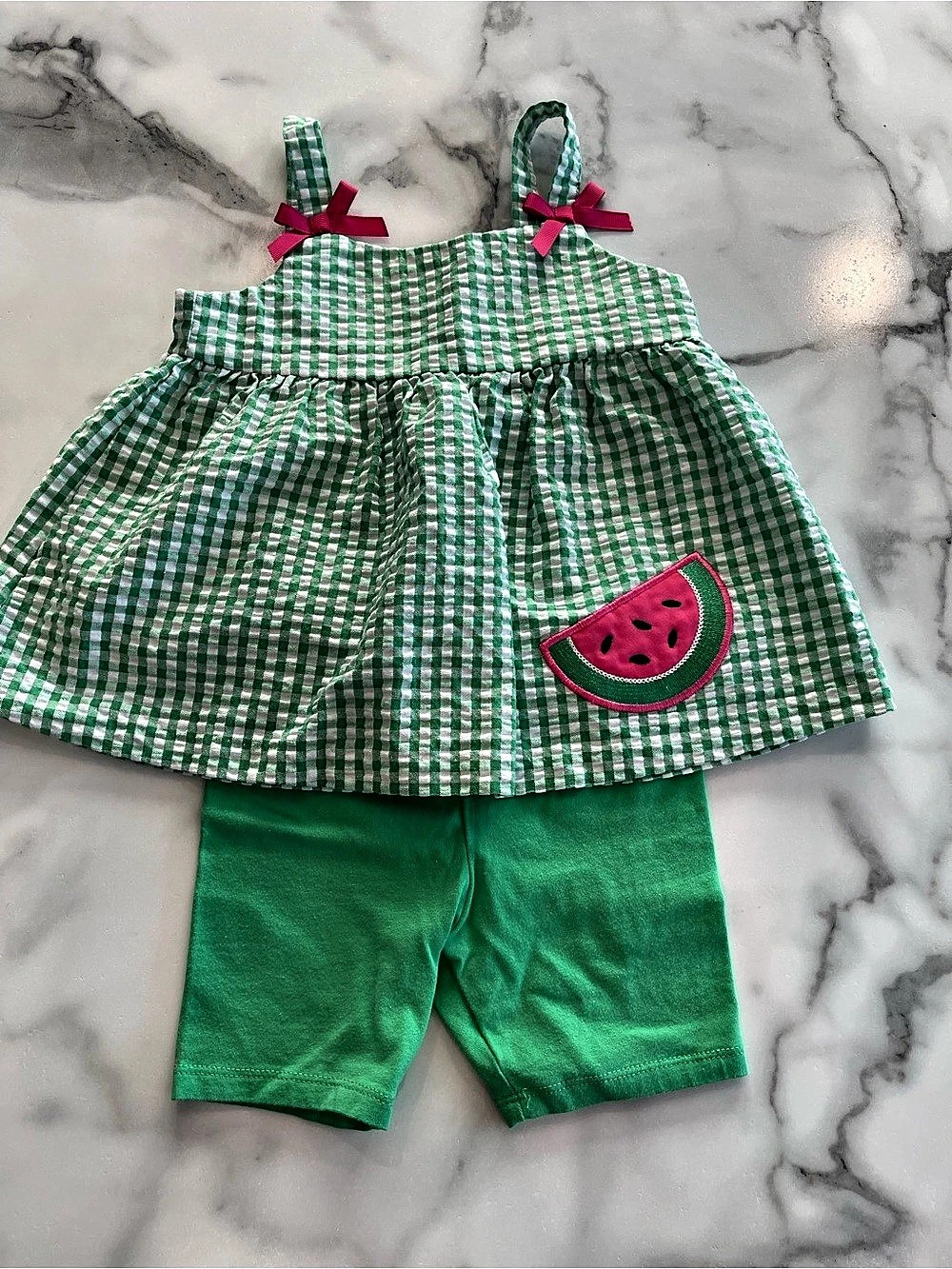 Bonnie Baby Green Gingham Tunic & Shorts Set with Watermelon Applique